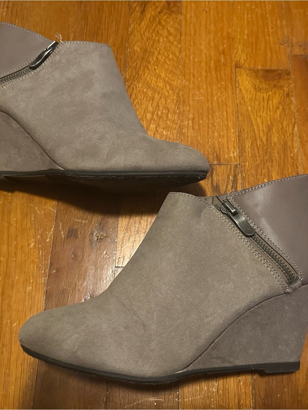 Women's Tan-Gray Suede Wedge Ankle Booties with Side Zip